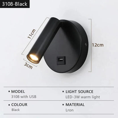 Verthara Modern LED Wall Light With Switch - Indoor - Adjustable - USB Charging - 350° Rotation - Black/Copper Finish 3108-black