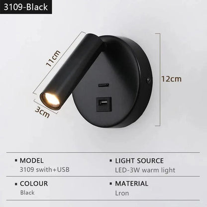 Verthara Modern LED Wall Light With Switch - Indoor - Adjustable - USB Charging - 350° Rotation - Black/Copper Finish 3109-black