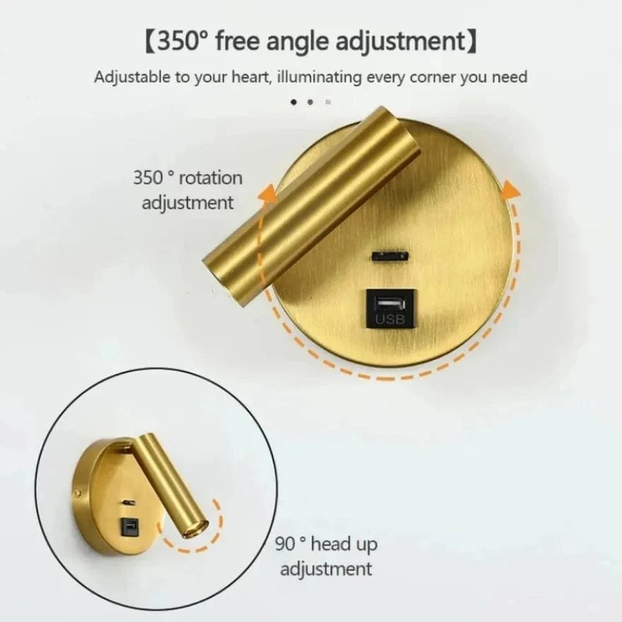 Verthara Modern LED Wall Light With Switch - Indoor - Adjustable - USB Charging - 350° Rotation - Black/Copper Finish
