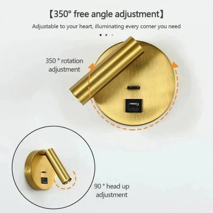 Verthara Modern LED Wall Light With Switch - Indoor - Adjustable - USB Charging - 350° Rotation - Black/Copper Finish