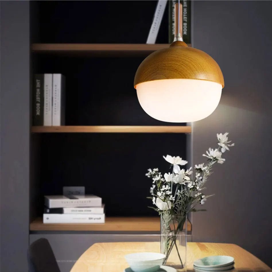 Verthara Modern Nordic Style Glass Pendant Lamp with E27 Bulb – Imitation Wood Design for Kitchen and Living Room Lighting