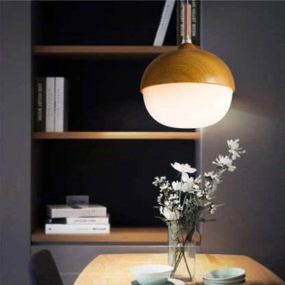 Verthara Modern Nordic Style Glass Pendant Lamp with E27 Bulb – Imitation Wood Design for Kitchen and Living Room Lighting