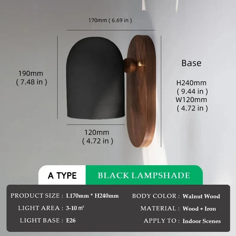 Verthara Modern Walnut Wood Wall Sconce Lighting with Iron Accents – Elegant Wall Lights for Bedroom and Living Room Changeable / A Type Black