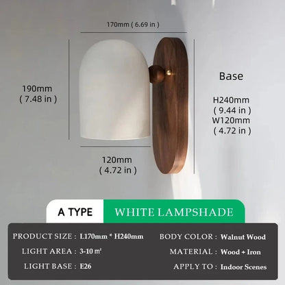 Verthara Modern Walnut Wood Wall Sconce Lighting with Iron Accents – Elegant Wall Lights for Bedroom and Living Room Changeable / A Type White