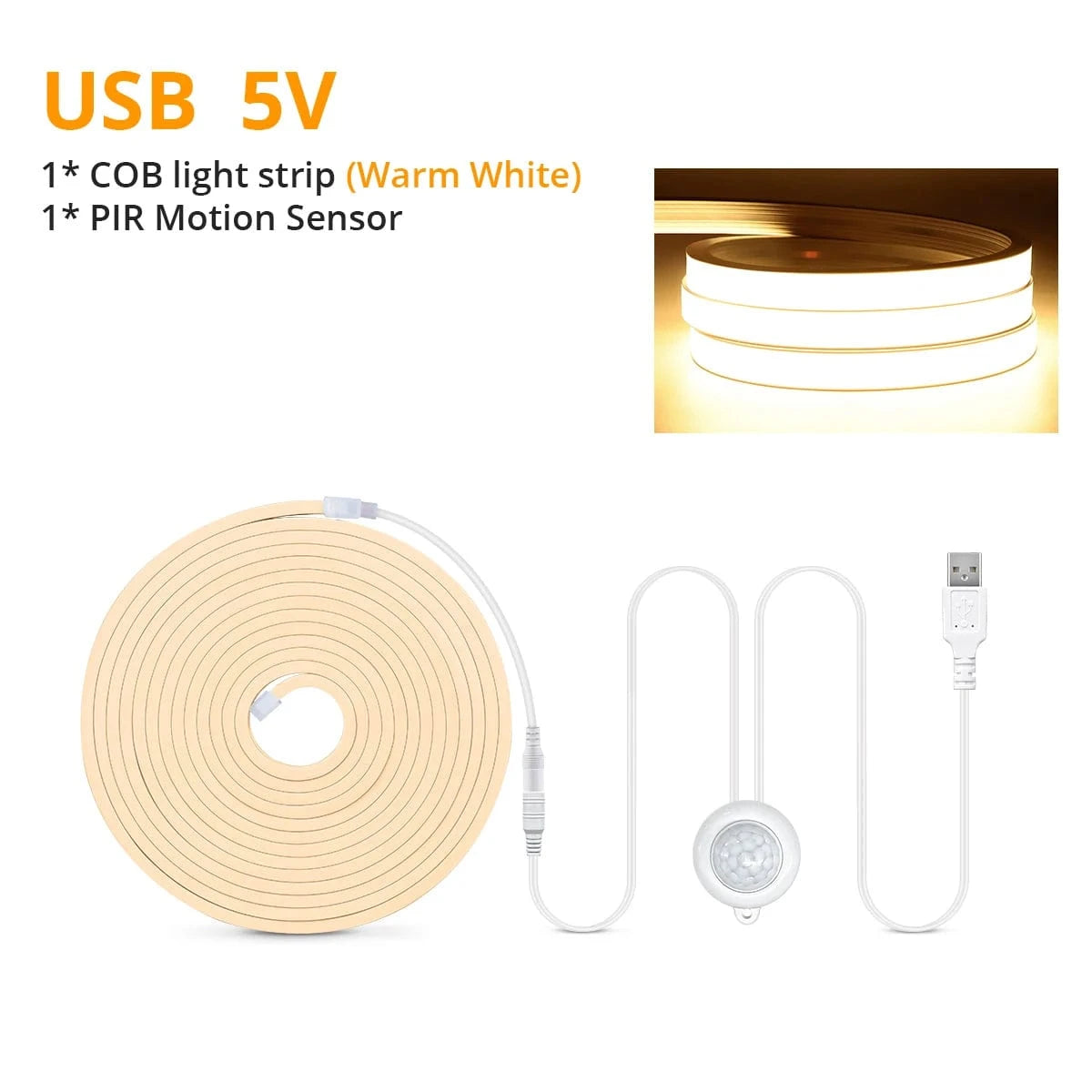 Verthara Motion Sensor COB LED Strip Lights, USB Powered Neon Night Light for Under Bed and Cabinet, Flexible Lengths, Warm/Cool White Options