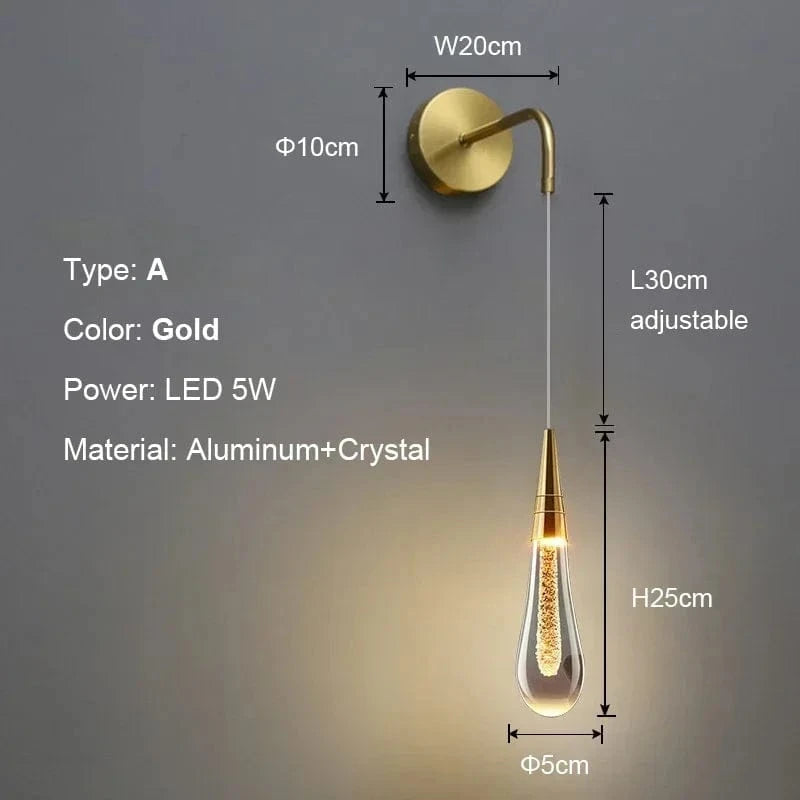 Verthara Post-Modern Crystal Wall Sconce with LED Lighting – Creative Raindrop Design for Bedroom and Corridor Wall Lamp