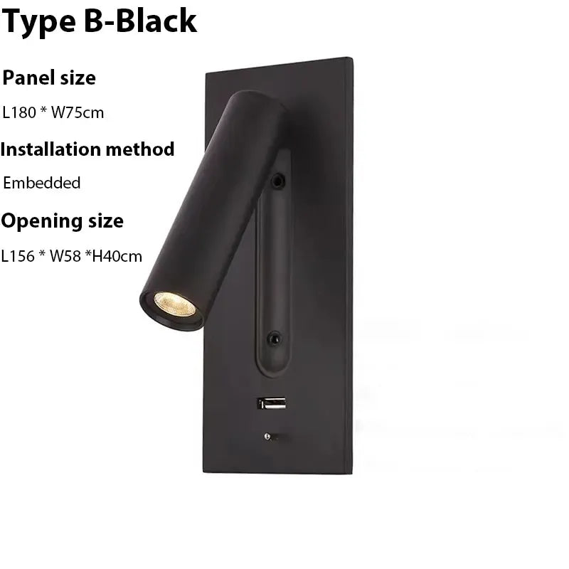 Verthara Premium Adjustable LED Wall Light With USB Charging – 350° Rotation - Aluminium Alloy - Indoor Use - Warm/Neutral Tones Warm White (2700-3500K) / Type B Black