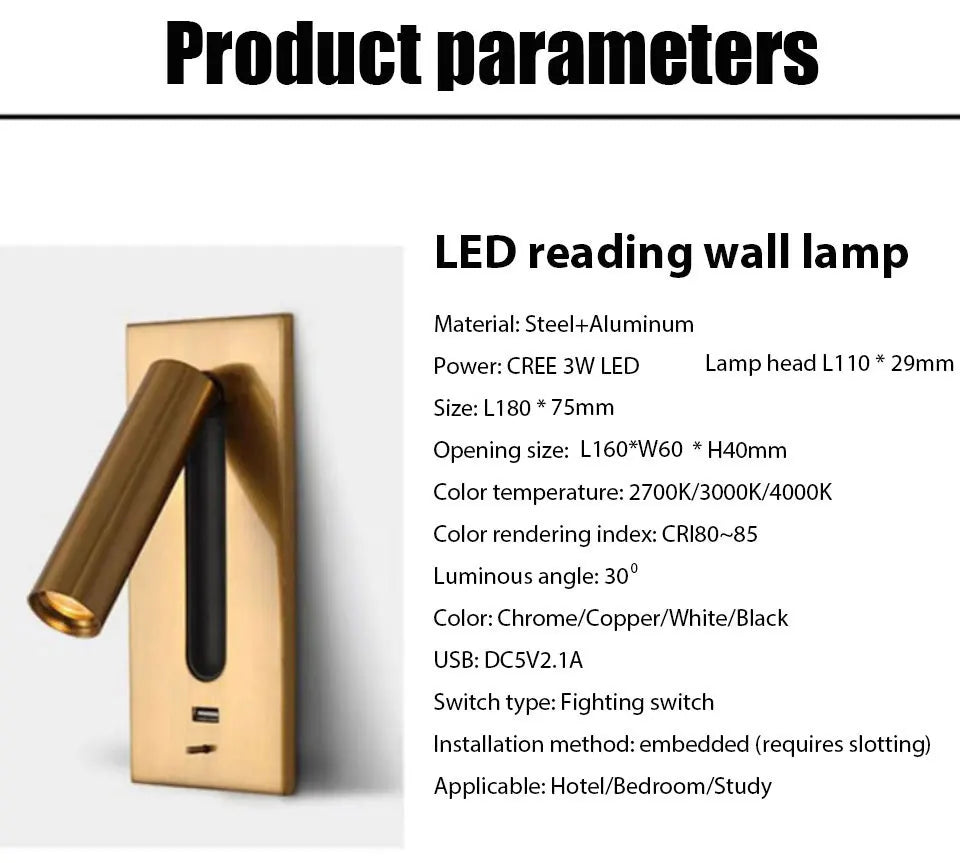 Verthara Premium Adjustable USB Bedside Reading Wall Sconce