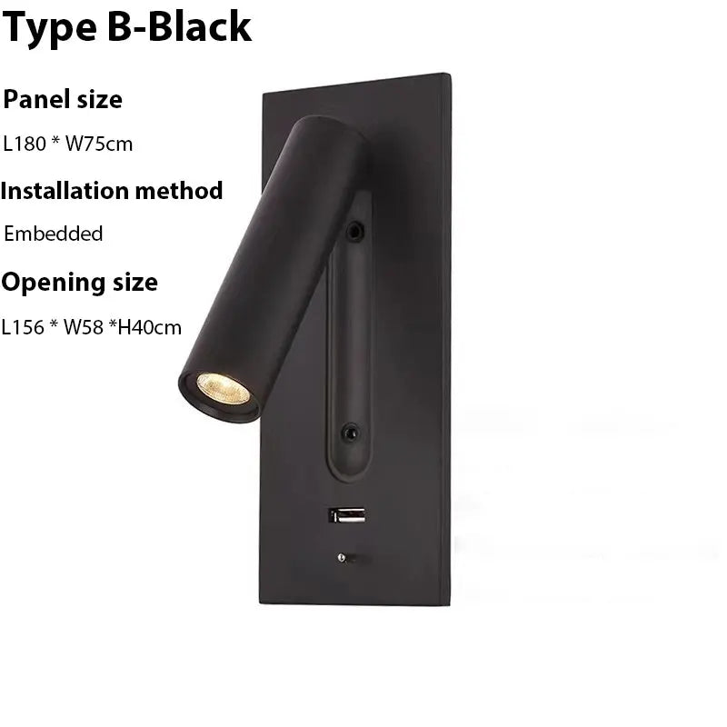 Verthara Premium Adjustable USB Bedside Reading Wall Sconce Type B Black / Cool White(5500-7000K)