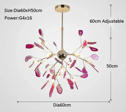 Verthara Premium Agate & Branch Pendant Light | Dimmable LED Chandelier Dia60xH50cm Pink / Cool white