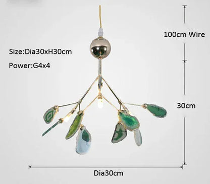 Verthara Premium Agate & Branch Pendant Light | Dimmable LED Chandelier Dia30xH30cm Green / Cool white