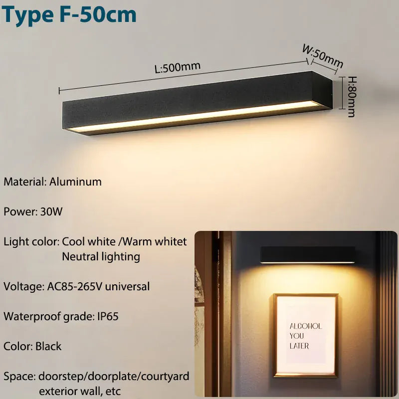 Verthara Premium Aluminium Outdoor Porch Wall Sconce cool white 6000k / black 50cm