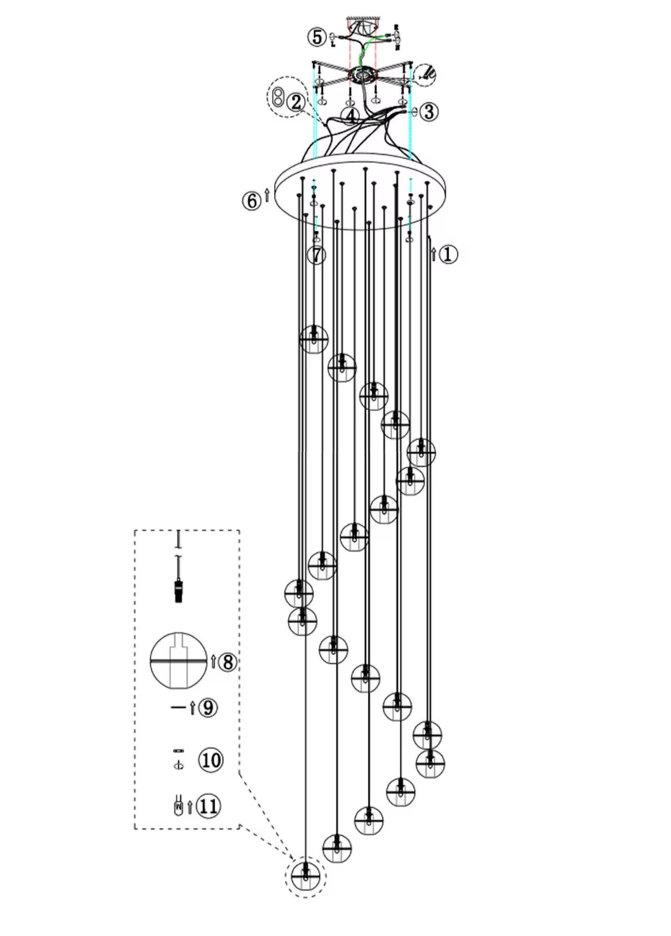 Verthara Premium Crystal Ball Staircase Pendant Light