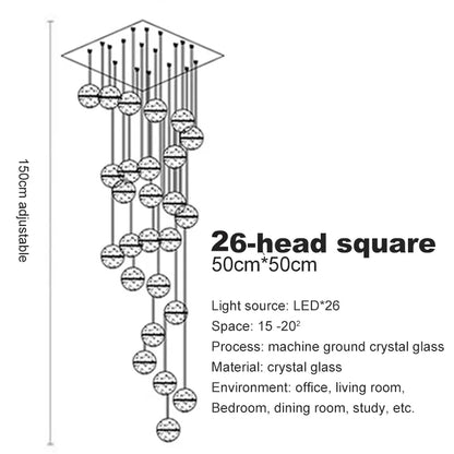 Verthara Premium Crystal Glass Ball Staircase Pendant 26 bulbs square / Cool white