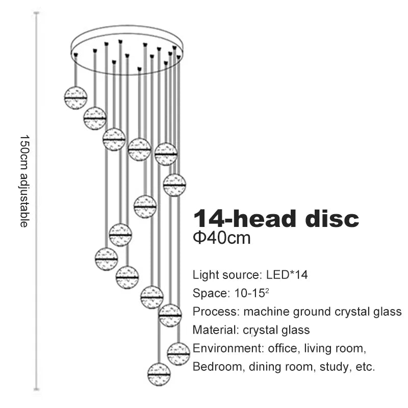 Verthara Premium Crystal Glass Ball Staircase Pendant 14 bulbs round / Cool white