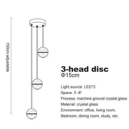 Verthara Premium Crystal Glass Ball Staircase Pendant 3 bulbs / Cool white