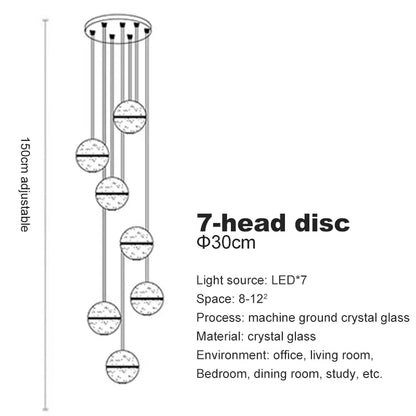 Verthara Premium Crystal Glass Ball Staircase Pendant 7 bulbs round / Cool white