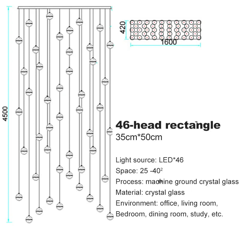 Verthara Premium Crystal Glass Ball Staircase Pendant 46 bulbs rectangle / Cool white