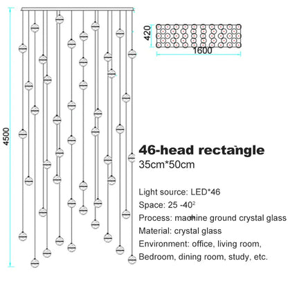 Verthara Premium Crystal Glass Ball Staircase Pendant 46 bulbs rectangle / Cool white
