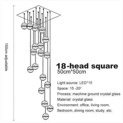 Verthara Premium Crystal Glass Ball Staircase Pendant 18 bulbs square / Cool white