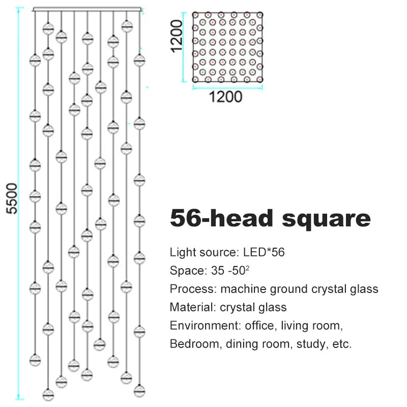 Verthara Premium Crystal Glass Ball Staircase Pendant 56 bulbs square / Cool white