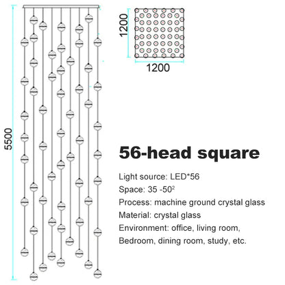 Verthara Premium Crystal Glass Ball Staircase Pendant 56 bulbs square / Cool white