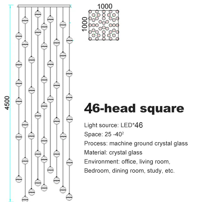 Verthara Premium Crystal Glass Ball Staircase Pendant 46 bulbs square / Cool white