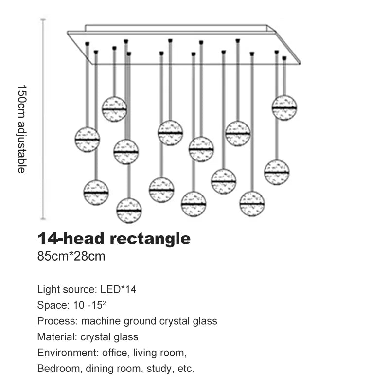 Verthara Premium Crystal Glass Ball Staircase Pendant 14 bulbs rectangle / Cool white