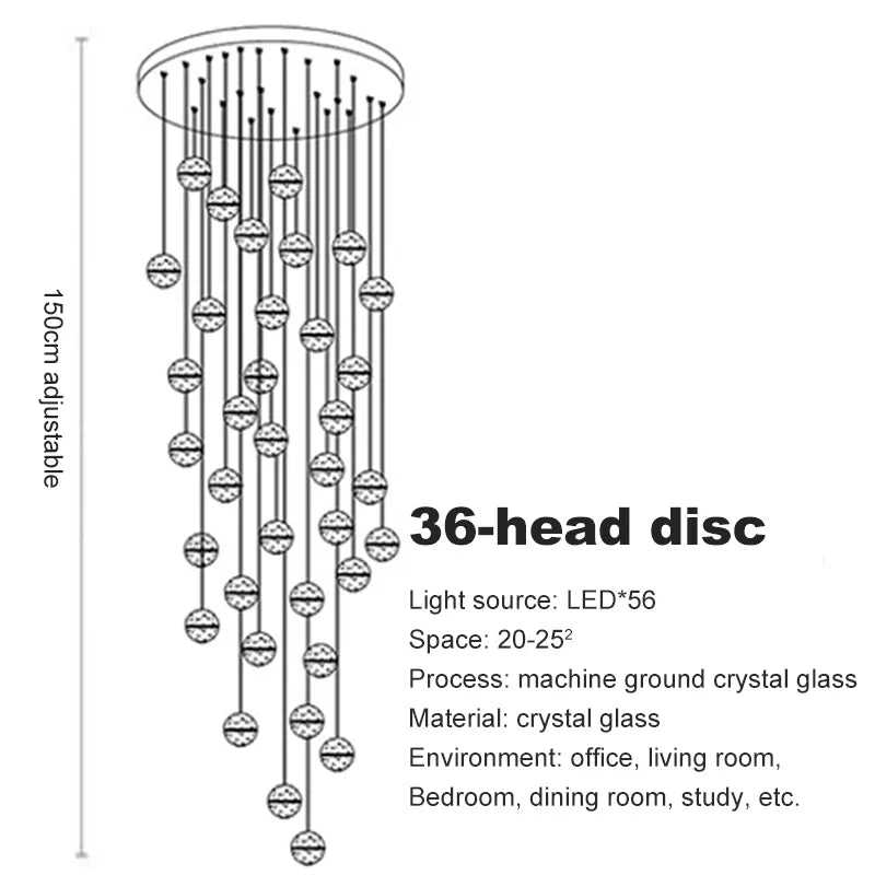 Verthara Premium Crystal Glass Ball Staircase Pendant 36 bulbs round / Cool white