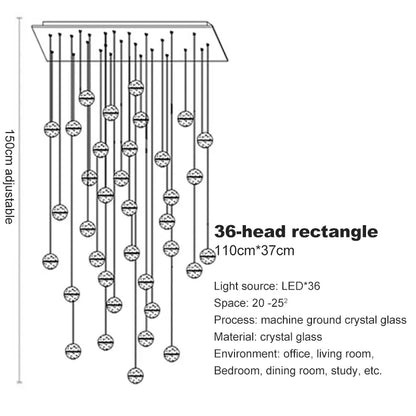 Verthara Premium Crystal Glass Ball Staircase Pendant 36 bulbs rectangle / Cool white