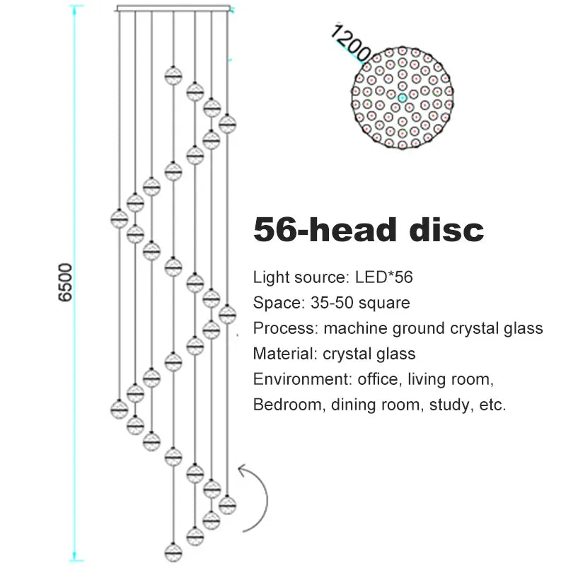 Verthara Premium Crystal Glass Ball Staircase Pendant 56 bulbs round / Cool white