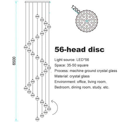 Verthara Premium Crystal Glass Ball Staircase Pendant 56 bulbs round / Cool white