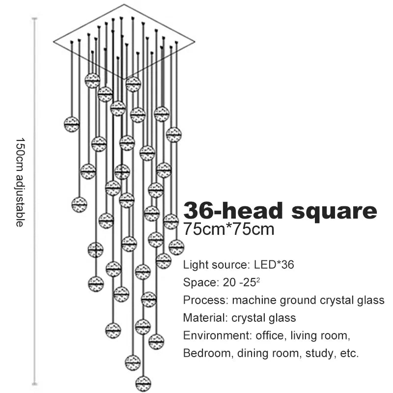 Verthara Premium Crystal Glass Ball Staircase Pendant 36 bulbs square / Cool white