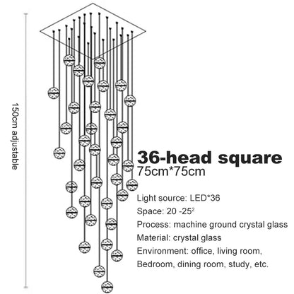 Verthara Premium Crystal Glass Ball Staircase Pendant 36 bulbs square / Cool white