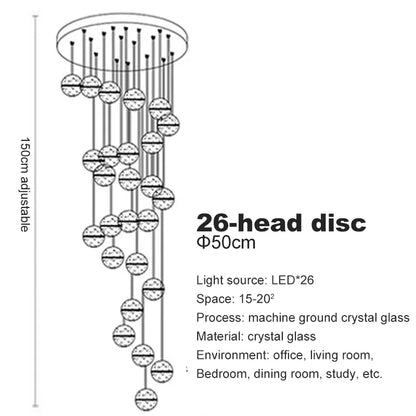 Verthara Premium Crystal Glass Ball Staircase Pendant 26 bulbs round / Cool white