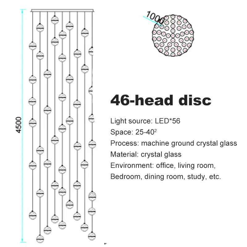 Verthara Premium Crystal Glass Ball Staircase Pendant 46 bulbs round / Cool white