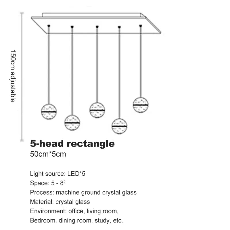 Verthara Premium Crystal Glass Ball Staircase Pendant 5 bulbs rectangle / Cool white