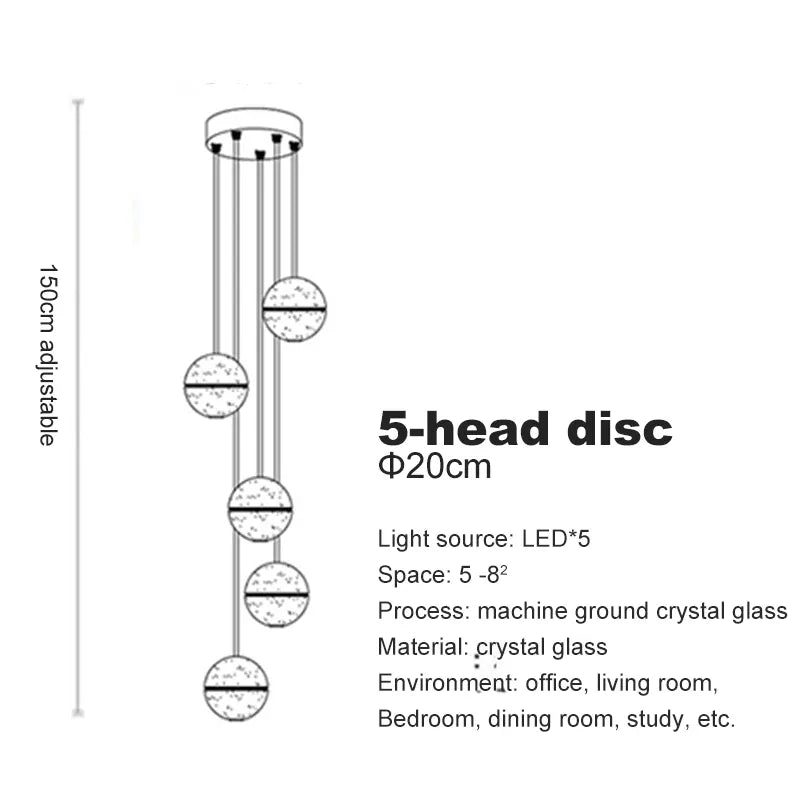 Verthara Premium Crystal Glass Ball Staircase Pendant 5 bulbs round / Cool white