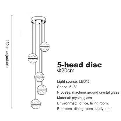 Verthara Premium Crystal Glass Ball Staircase Pendant 5 bulbs round / Cool white