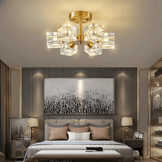 Verthara Premium Crystal Gold Semi-Flush Ceiling Light