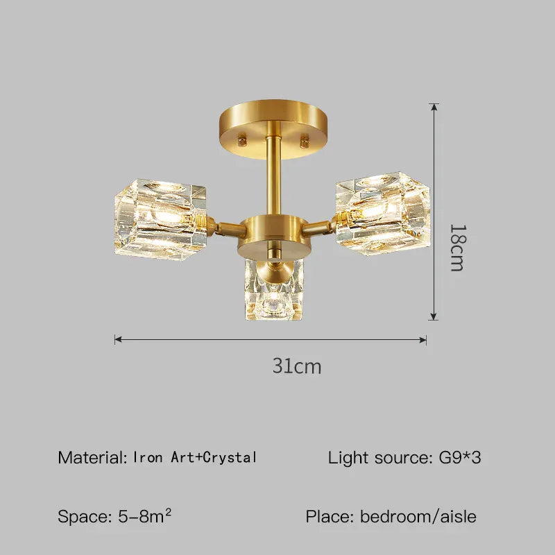 Verthara Premium Crystal Gold Semi-Flush Ceiling Light 3 head / Cold White