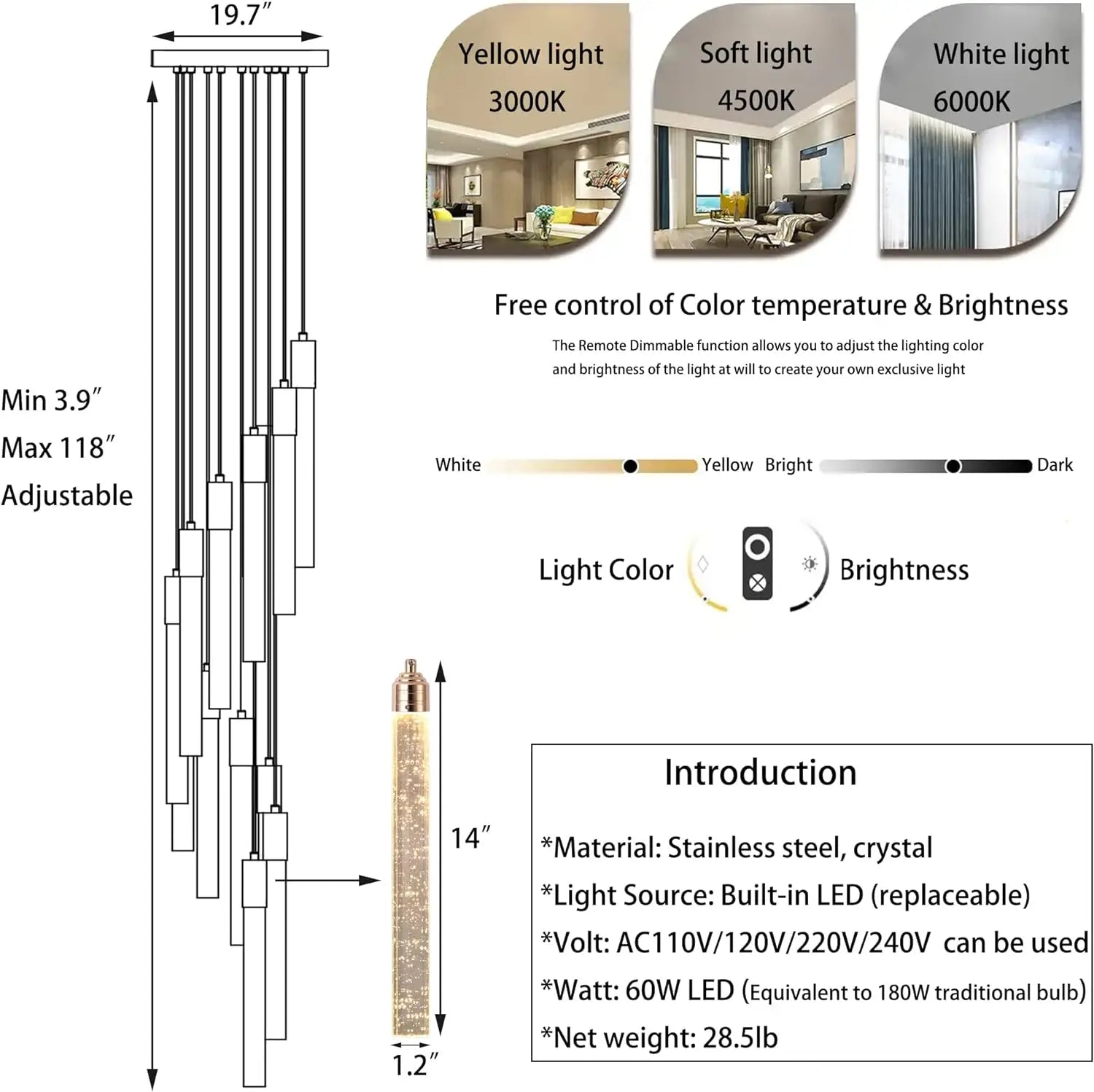 Verthara Premium Crystal Pillar Drop Pendant Light