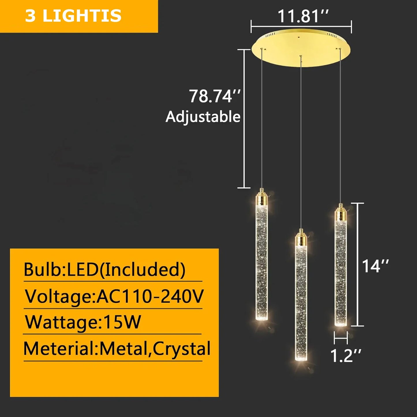 Verthara Premium Crystal Pillar Drop Pendant Light 3 lights