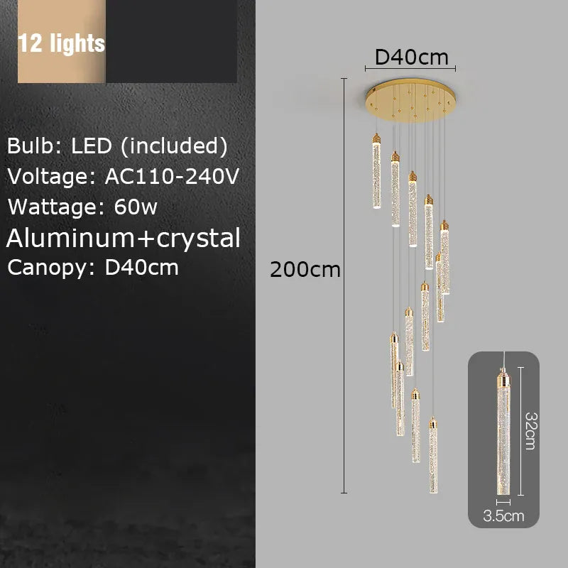 Verthara Premium Crystal Pillar Drop Pendant Light 12 lights