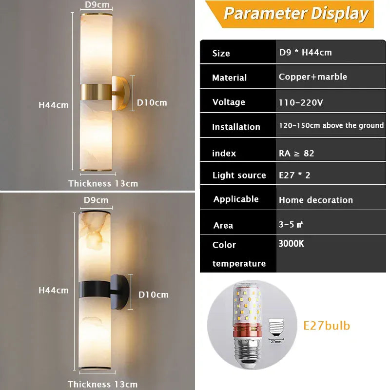 Verthara Premium E27 Wall Light With Natural Marble Finish - Wall-Mounted - Modern Design - Black Gold Accents - Indoor Lighting - Elegant Sconce