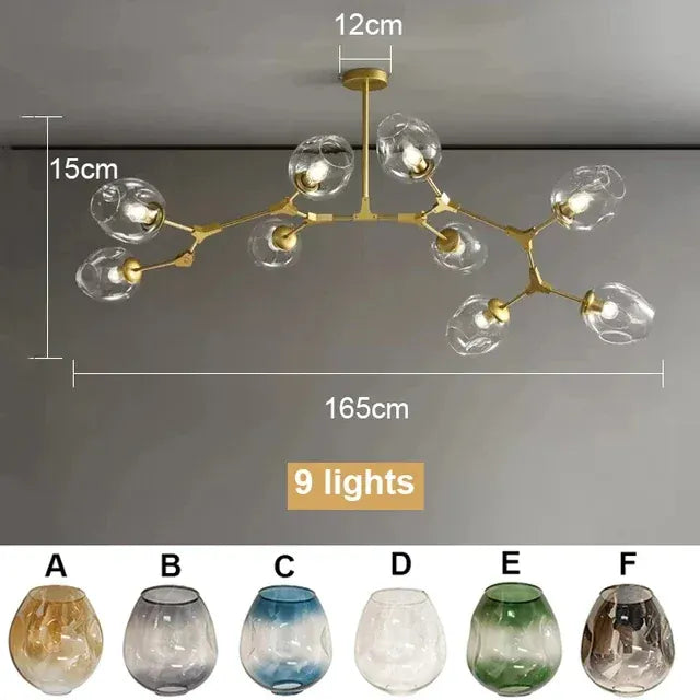 Verthara Premium Glass Ceiling Light Fixture – Modern Nordic Design - Iron - Indoor Lighting - Ideal For Dining Room - Warm Tones - E27 Compatible 9 lights / Warm White
