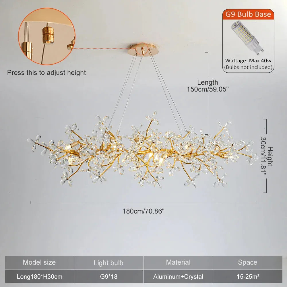 Verthara Premium Gold Crystal Adjustable Pendant Chandelier Long 180cm / cold light 6000K