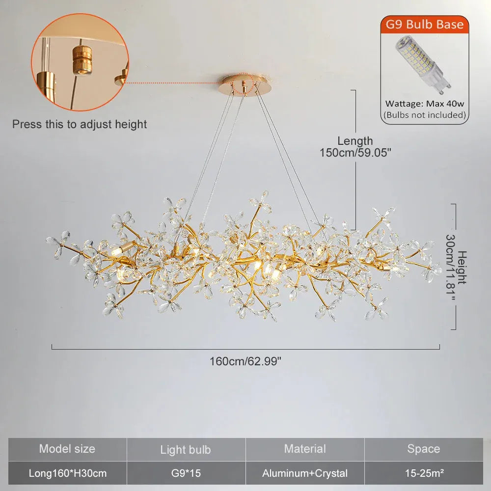 Verthara Premium Gold Crystal Adjustable Pendant Chandelier Long 160cm / cold light 6000K