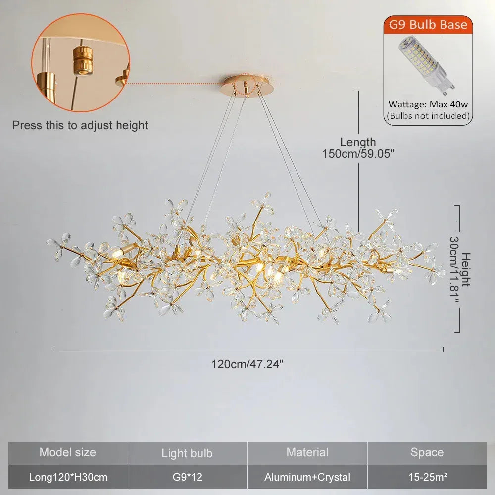 Verthara Premium Gold Crystal Adjustable Pendant Chandelier Long 120cm / cold light 6000K