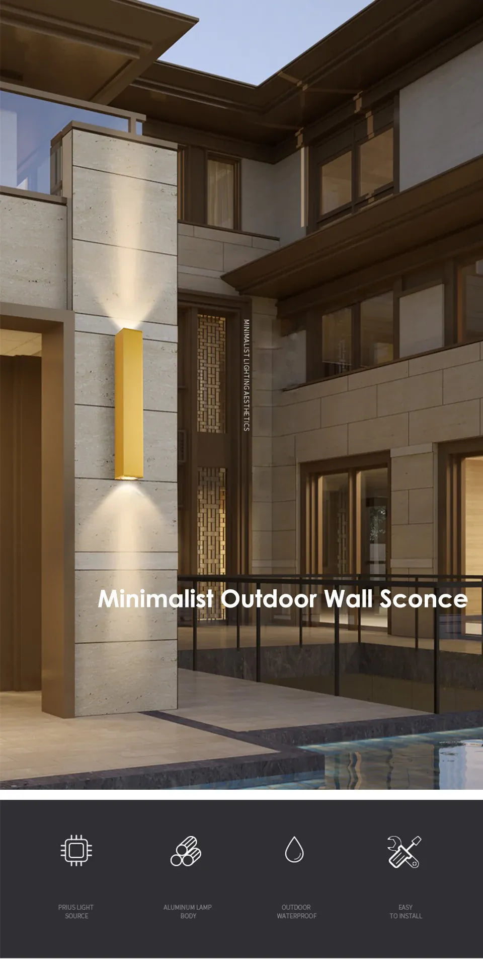 Verthara Premium Gold Stainless Steel IP67 Outdoor Wall Light